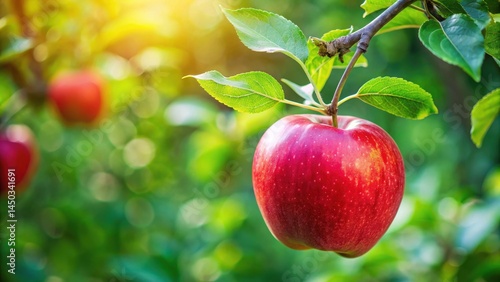 A ripe red apple hanging from a thin branch in a lush green tree surrounded by leaves and foliage, apple, tree, apple