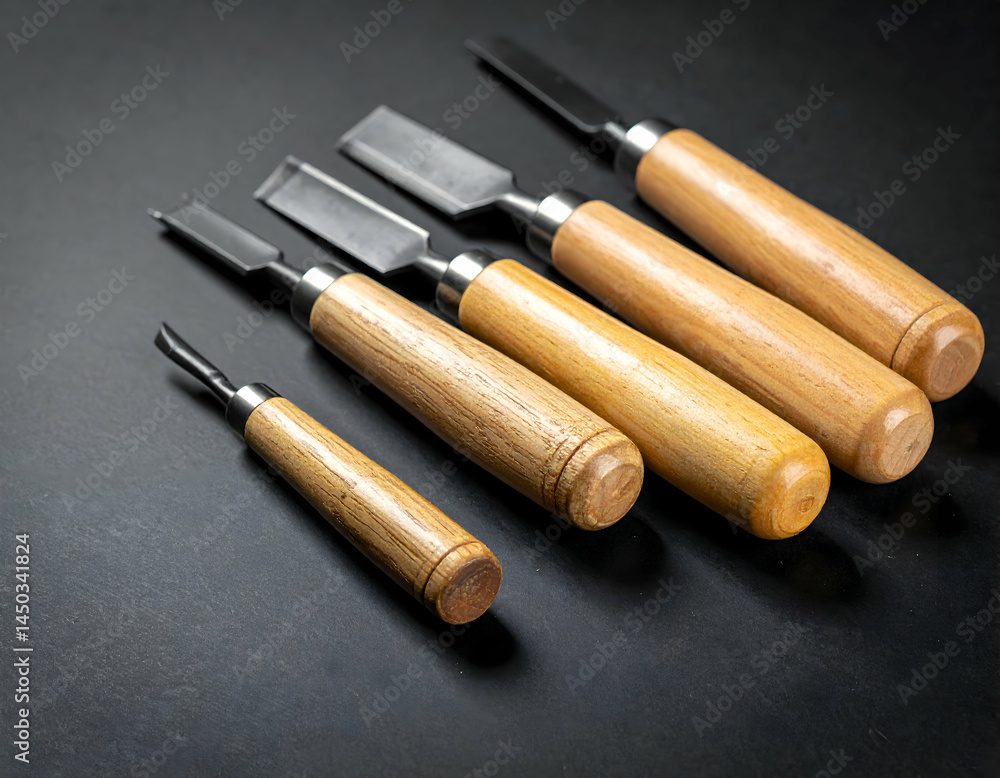 Set Of Carving Chisels On Dark Background Set Of Carving Chisels On Dark Background