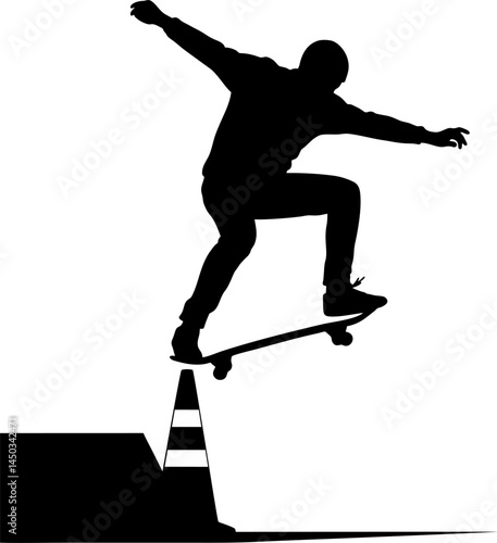 Skateboard Action Sports Silhouette – Jumping Over Obstacle Vector Design