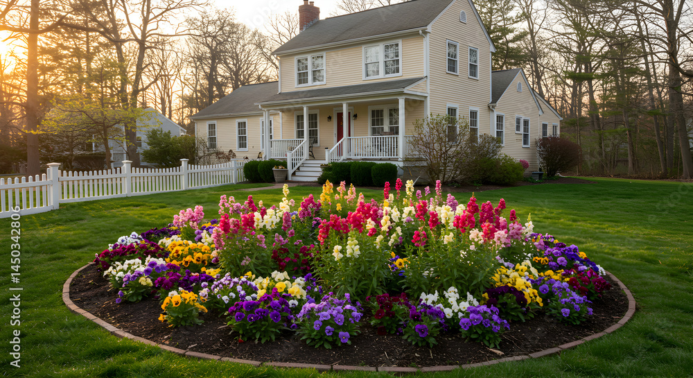 Obraz premium Well-Maintained Suburban Home With Vibrant Flowerbed In Peaceful Neighborhood