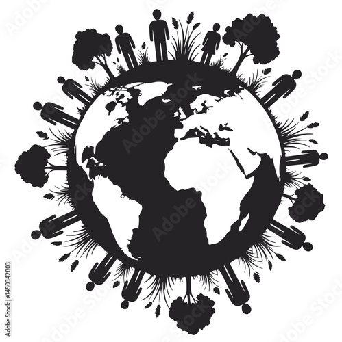 Earth Unity and Peace Silhouette with People Holding Hands Around the Globe
