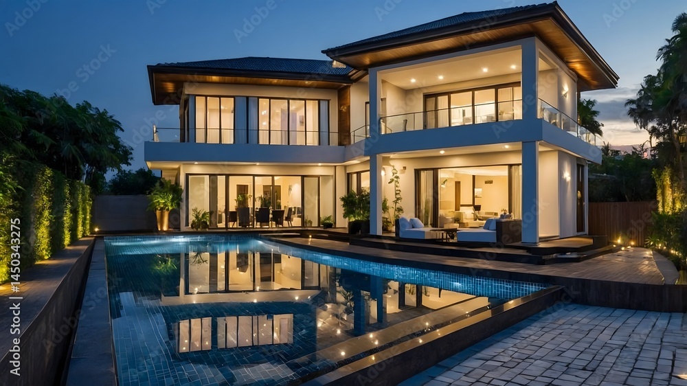 Fototapeta premium Luxury Villa at Dusk with Pool