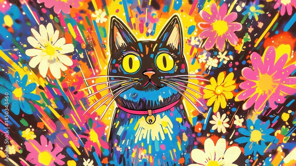 Cat surrounded by colorful flowers and explosions Cat surrounded by colorful flowers and explosions