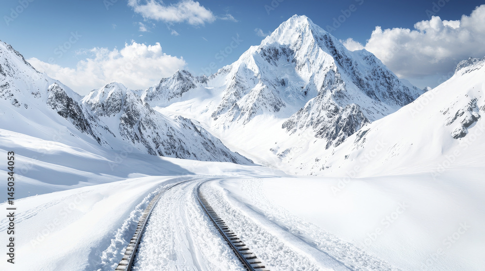 Scenic train journey through snowy mountain landscape, showcasing majestic peaks and clear blue sky. serene atmosphere invites adventure Scenic train journey through snowy mountain landscape, showcasing majestic peaks and clear blue sky. serene atmosphere invites adventure