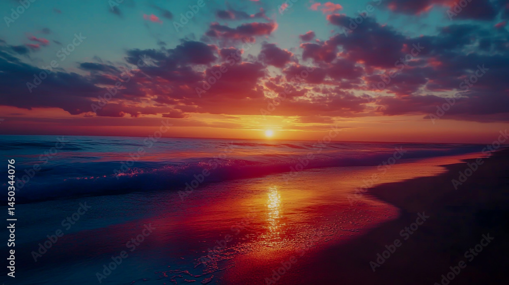 Fototapeta premium Sunset over the ocean, with vibrant colors reflecting