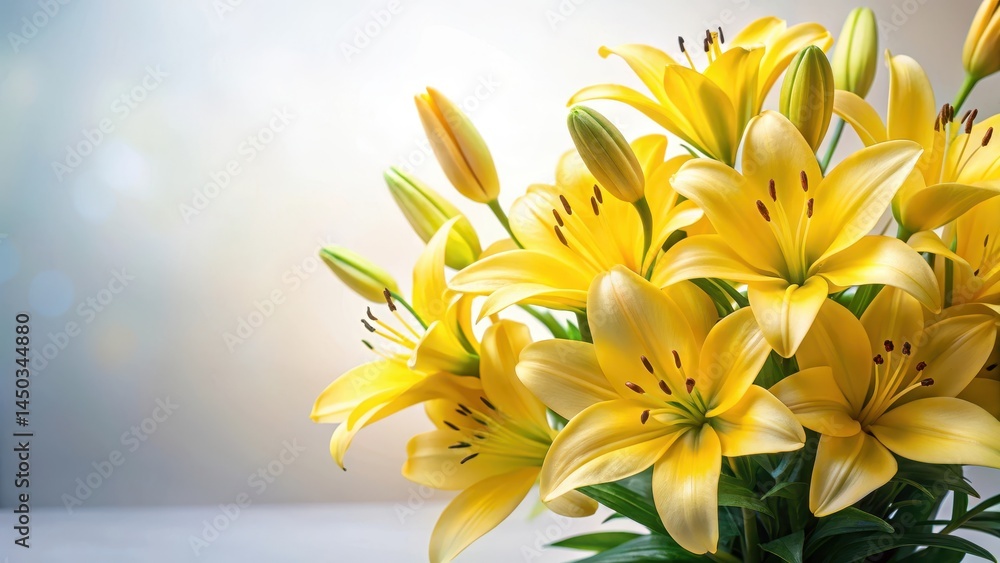 Obraz premium Vibrant yellow lily flowers arranged in a delicate bouquet against a soft white background , elegant style, garden inspiration