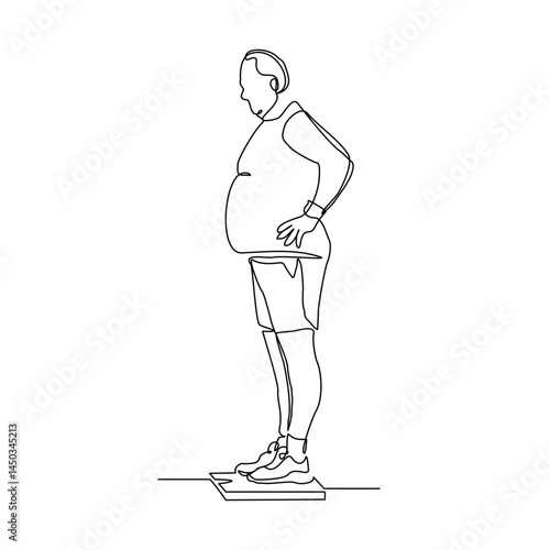 Continuous single line of big over weight fat man scale his weight. Lifestyle healthy sketch drawing editable stroke vector illustration