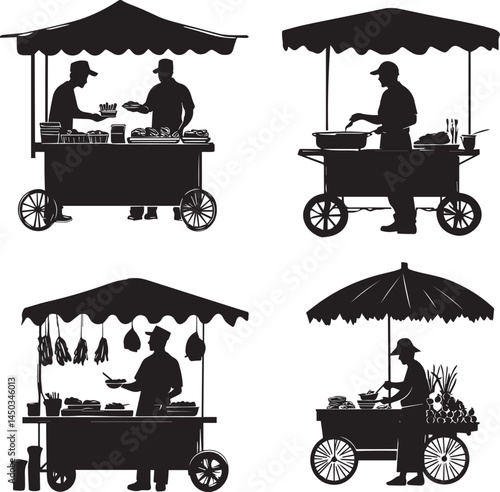 Street Vendor selling food flat black silhouette vector