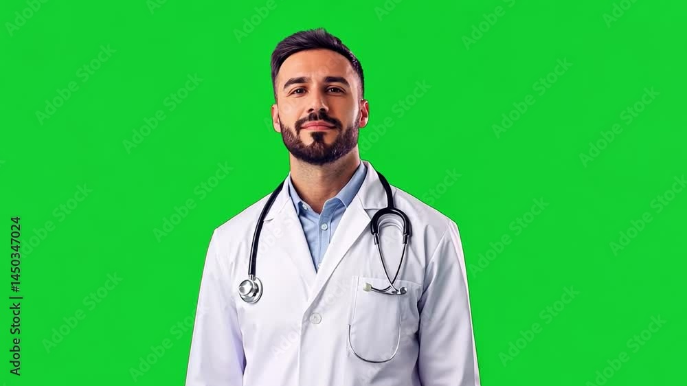 Confident male doctor in white coat with stethoscope posing against a vibrant green background Confident male doctor in white coat with stethoscope posing against a vibrant green background