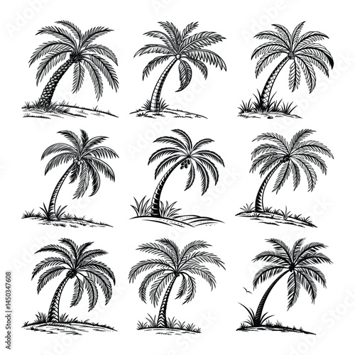 A palm tree illustration, vector art, black lines, isolated on white background,	