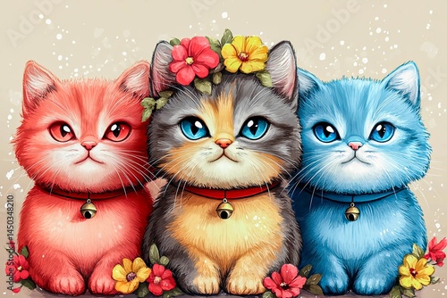 Colorful kittens with flower crowns and collars sitting together in a whimsical setting
