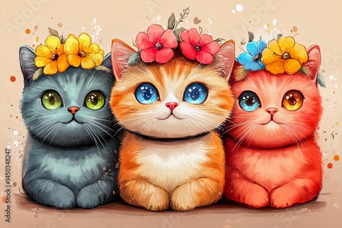 Colorful kittens with flower crowns and collars sitting together in a whimsical setting