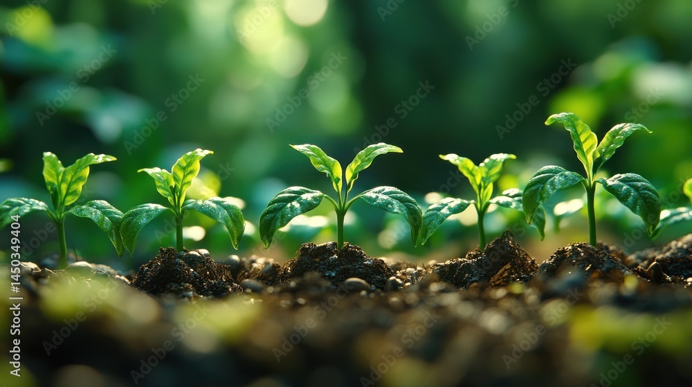Row of small green plants sprouts from dark soil in a garden. Row of small green plants sprouts from dark soil in a garden.