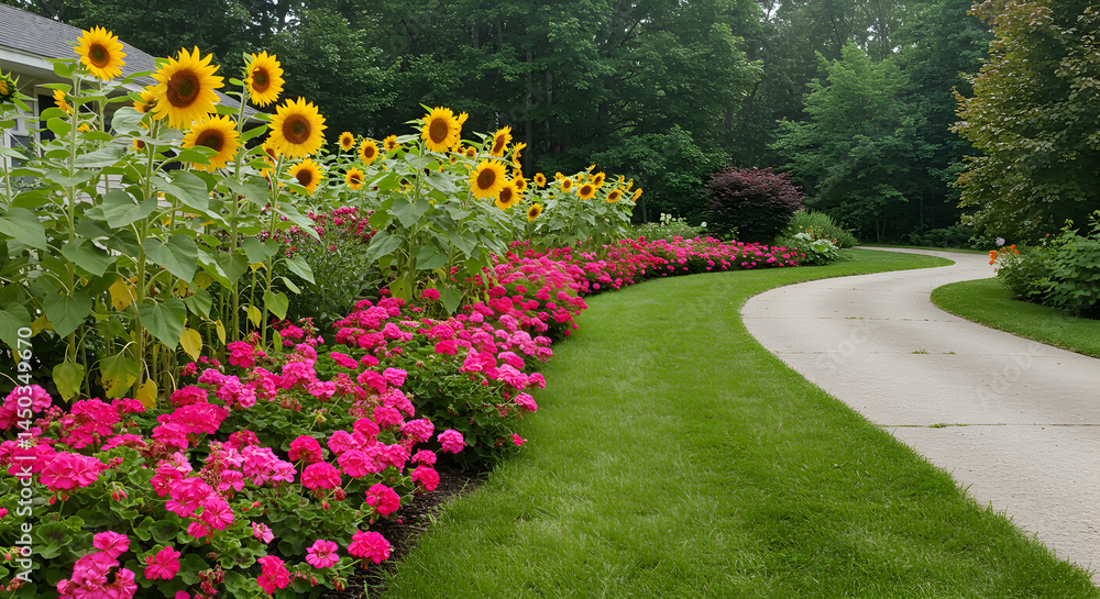Obraz premium Scenic Driveway Adorned With Sunflowers And Vibrant Pink Flowers On Lush Green Lawn