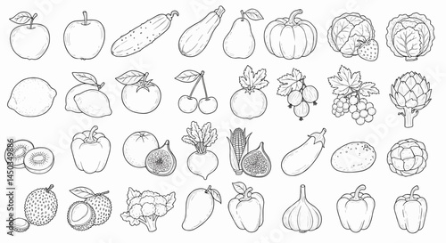 A set of thirty-six black sketches of various fruits and vegetables, set against a transparent white background with no side shadows. The drawings are simple and elegantly designed. Vector 