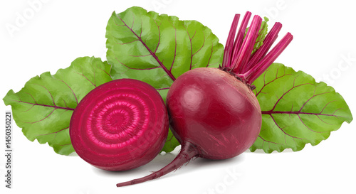 A whole beetroot and a beetroot cut in half, placed with several large green leaves on a transparent white background. Vector Illustration