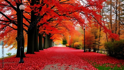 Beautiful autumn avenue lined with trees displaying vibrant red and orange foliage, the path covered with fallen leaves beside a lake.
