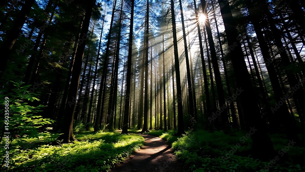 Fototapeta premium Peaceful forest path winding through tall trees with beautiful sunbeams filtering through the canopy creating dramatic light rays.