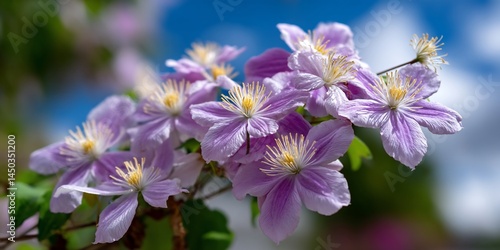 Lavender clematis cascade under azure sky