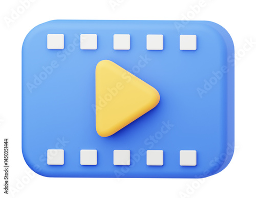 3D Blue Play Button with Yellow Triangle and Film Strip Icon on Transparent Background