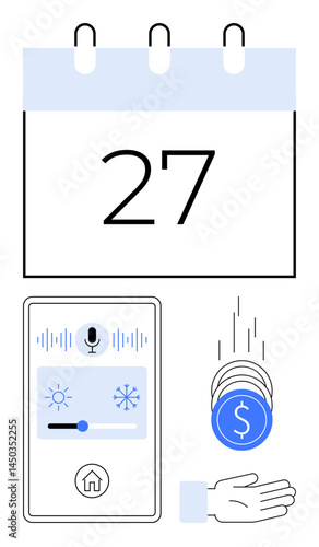 Calendar page, smart home control panel with voice and temperature settings, coins handoff concept. Ideal for finance management, scheduling, automation, technology, productivity, planning simple