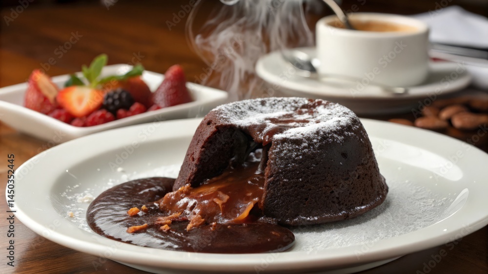 Molten Chocolate Lava Cake with Ice Cream and Fresh Strawberries on a Plate
Molten Chocolate Lava Cake with Ice Cream and Fresh Strawberries on a Plate