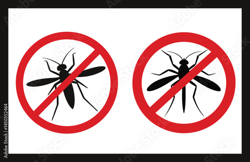 A simple, minimalistic drawing of two mosquitoes, one on the left and one on the right, both inside red circles with a red diagonal line through them, indicating a prohibition. 