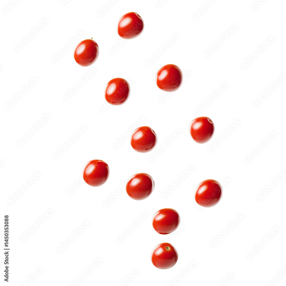 Red cherry tomatoes arranged in a vertical, symmetrical pattern. Small, round, glossy fruits against black background Red cherry tomatoes arranged in a vertical, symmetrical pattern. Small, round, glossy fruits against black background