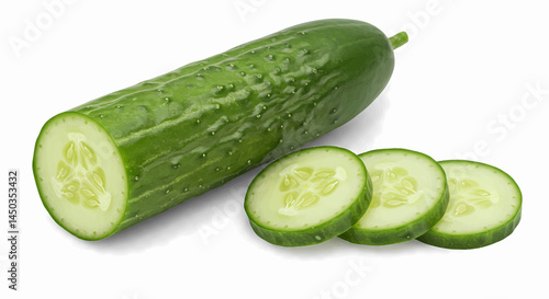 Full-angle view of a light green cucumber with a jagged texture, partially cut into four pieces. The background is transparent white. Vector Illustration