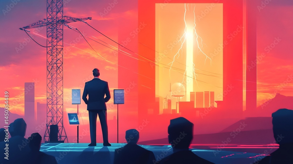 Futuristic business scene where leader showcases electricity and energy efficient innovation graphics Futuristic business scene where leader showcases electricity and energy efficient innovation graphics