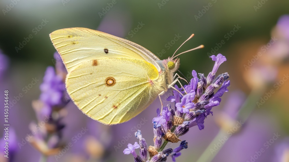 Naklejka premium Pale yellow butterfly rests delicately on lavender blossoms.