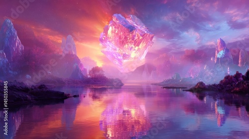 Magenta and violet glowing crystal floats above surreal fantasy lake at sunset