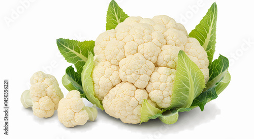 A whole head of cauliflower, with tightly packed creamy white florets, placed on a transparent white background with no side shadows. Vector Illustration