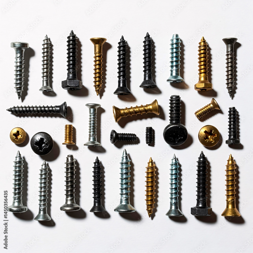 Screws and bolts on white background. Flat lay, top view. Screws and bolts on white background. Flat lay, top view.