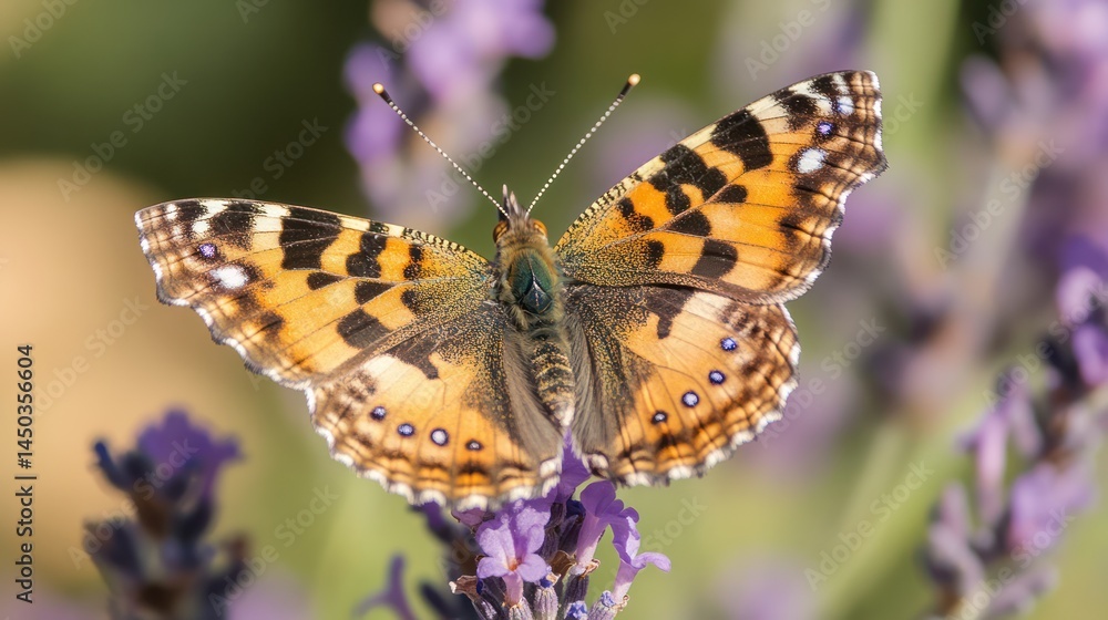 Close-up view of a painted lady butterfly perched on lavender blossoms. Close-up view of a painted lady butterfly perched on lavender blossoms.