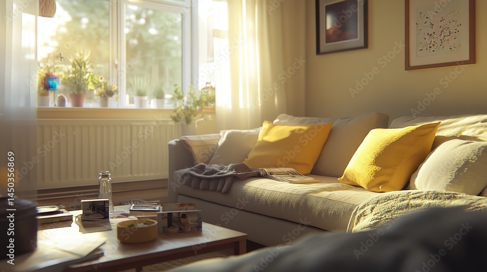 Fototapeta premium Cozy living room bathed in natural sunlight.