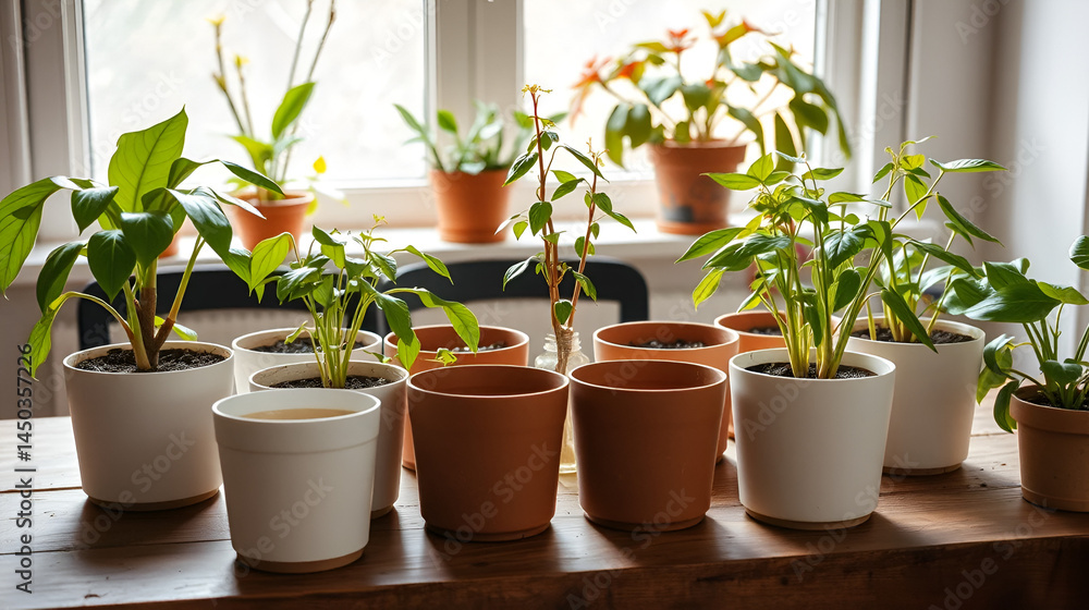 Home plants and empty pots on table. Transplantation process Home plants and empty pots on table. Transplantation process