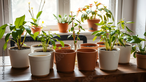 Home plants and empty pots on table. Transplantation process
