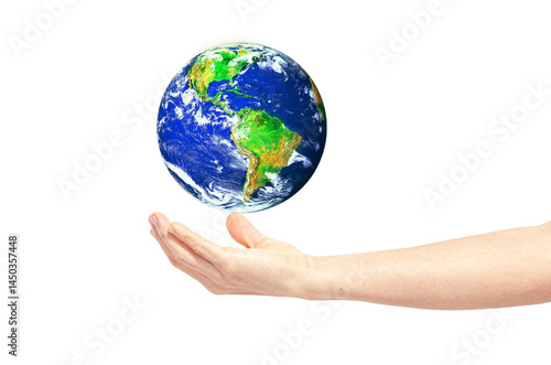 Fototapeta Naklejka Na Ścianę i Meble -  Earth on man hand isolate on transparent background. . Environmental protection concept. Elements of this image furnished by NASA.