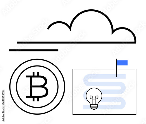Cryptocurrency sign, pathway with light bulb and flag, and cloud above. Ideal for blockchain, fintech, innovation, planning, success, technology future vision flat simple metaphor