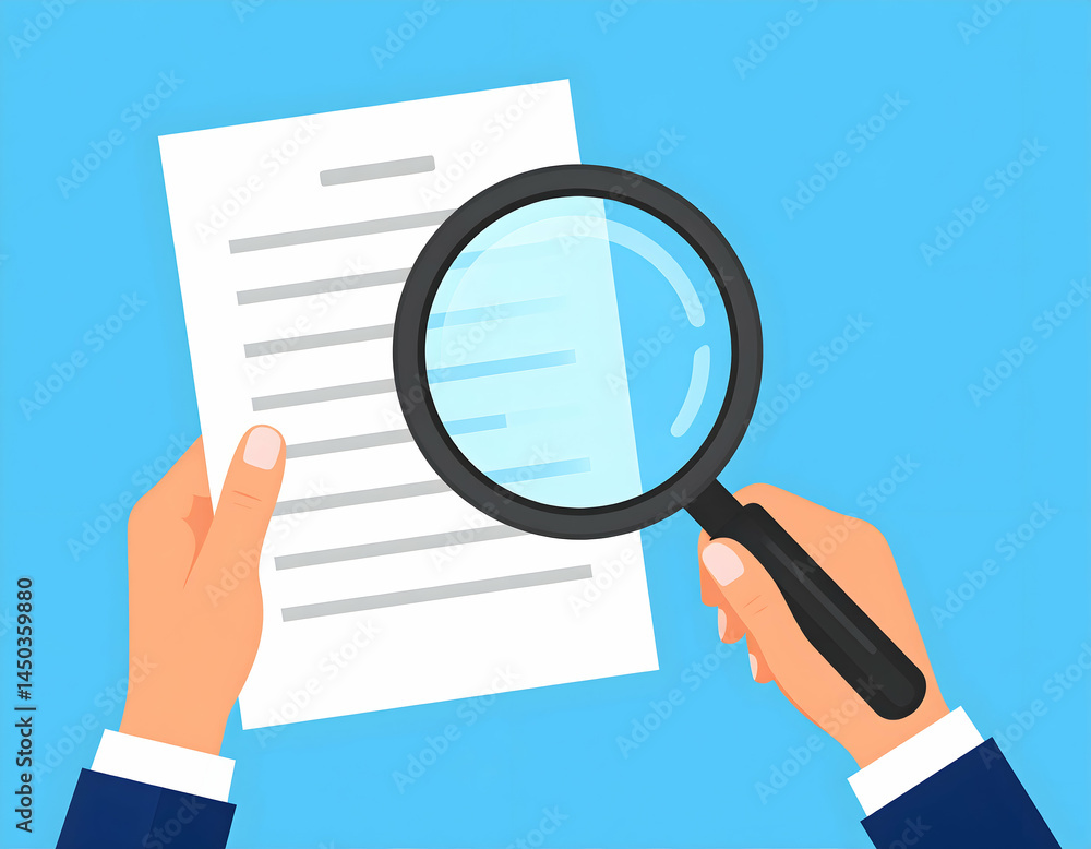 Hands Examining Document With Magnifying Glass Hands Examining Document With Magnifying Glass
