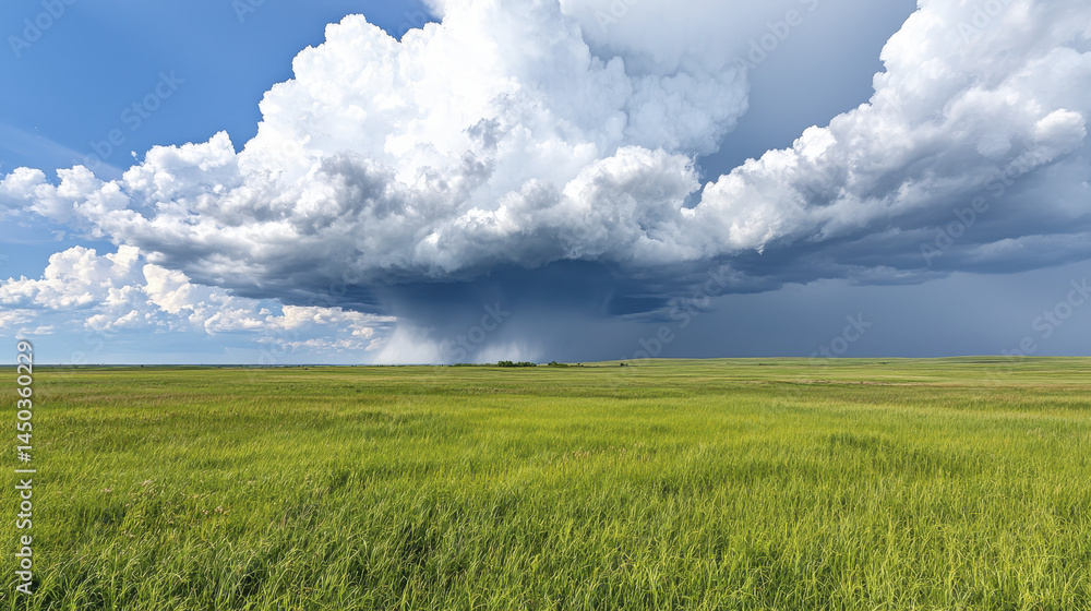 Obraz premium Dramatic storm clouds gather over vast green field, creating striking contrast between vibrant landscape and ominous sky