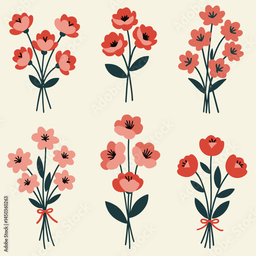 A vector illustration featuring a collection of beautifully arranged colorful flowers, each with intricate details and vibrant colors, set against a white background to emphasize elegance and simplici