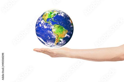 Fototapeta Naklejka Na Ścianę i Meble -  Earth on man hand isolate on transparent background. Environmental protection concept. Elements of this image furnished by NASA.
