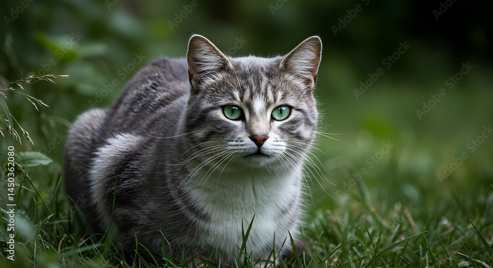 Majestic Grey Cat in Lush Green Grass Majestic Grey Cat in Lush Green Grass