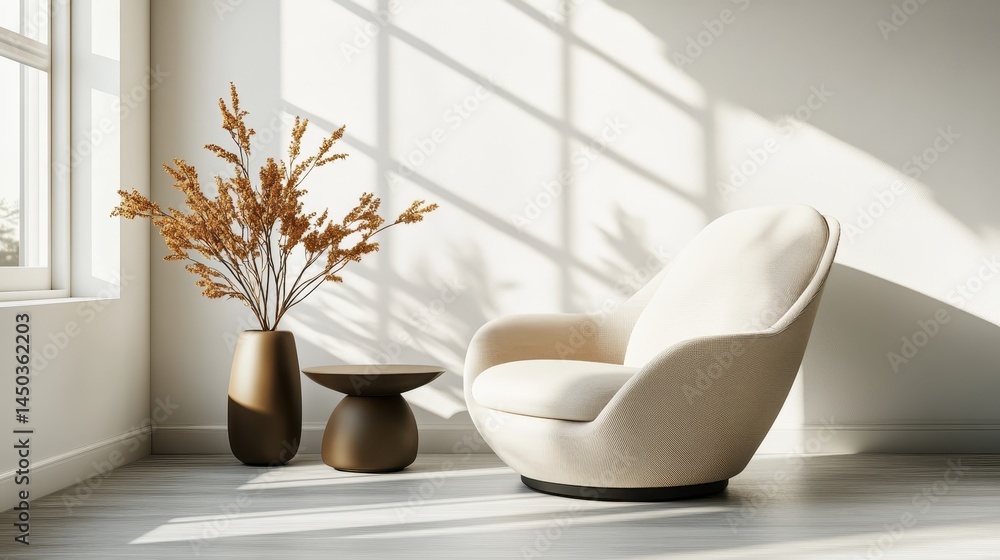 Fototapeta premium Modern, sunlit room's relaxing armchair and vase arrangement.