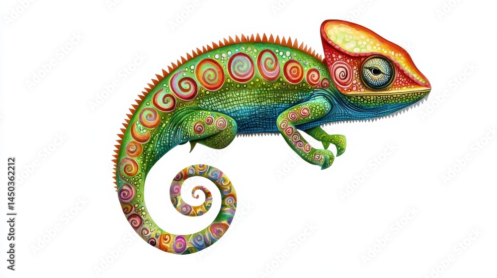 A vibrantly colored, intricately patterned chameleon illustration with swirling designs and detailed textures on a white background. A vibrantly colored, intricately patterned chameleon illustration with swirling designs and detailed textures on a white background.