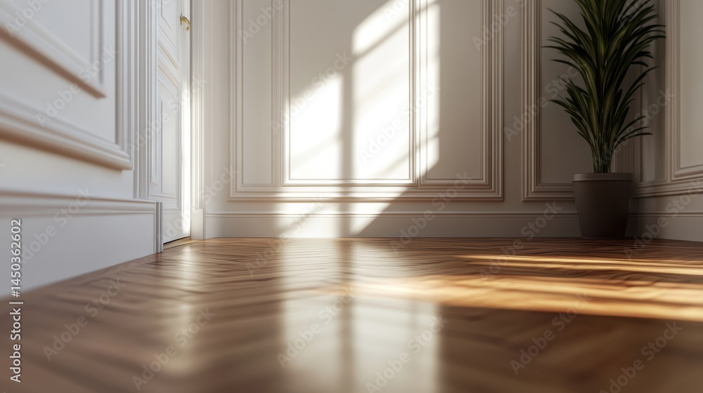 Obraz premium Interior corner view with sunlight and polished wood floor.