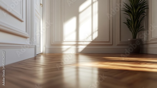 Interior corner view with sunlight and polished wood floor.