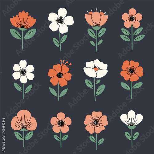 A vector illustration featuring a collection of beautifully arranged colorful flowers, each with intricate details and vibrant colors, set against a white background to emphasize elegance and simplici